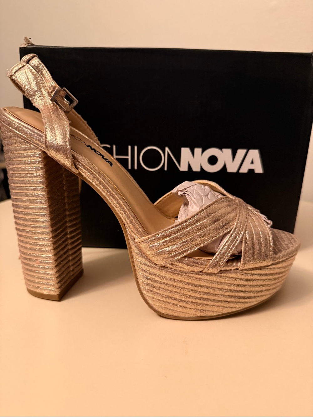 Fashion Nova Rose Gold Metallic Platform Block Heels